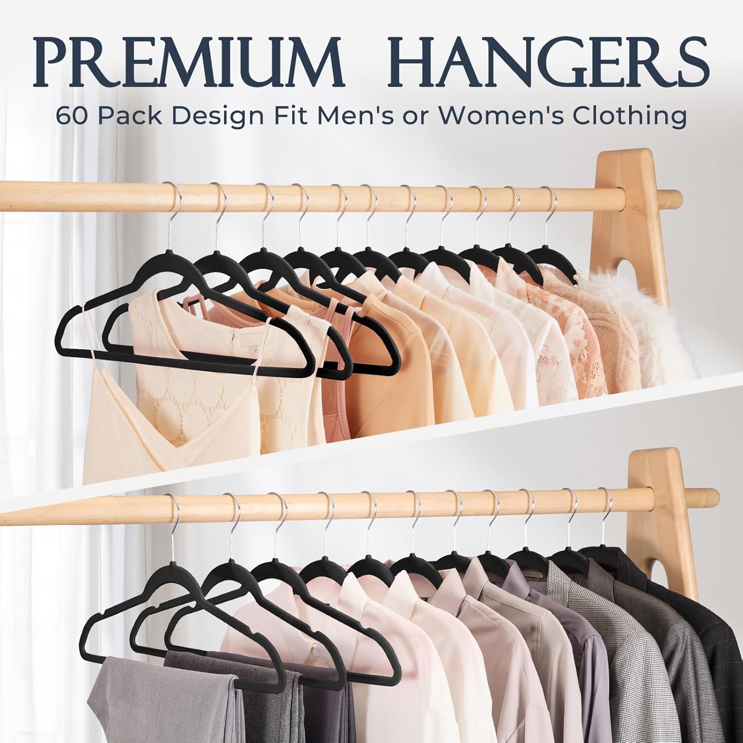 HOUSE DAY Black Velvet Hangers 60 Pack, Non Slip Clothes Felt Hanger Heavy Duty for Coat, Premium Slim Space Saving Suit Hangers for Closet Organizer, 360° Rotating Silver Hook - Image 8